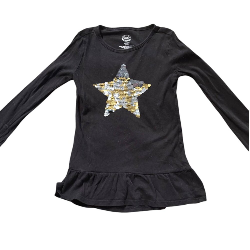 Wonder Nation girl's black peplum shirt with gold silver sequin flip star sz‎ XS